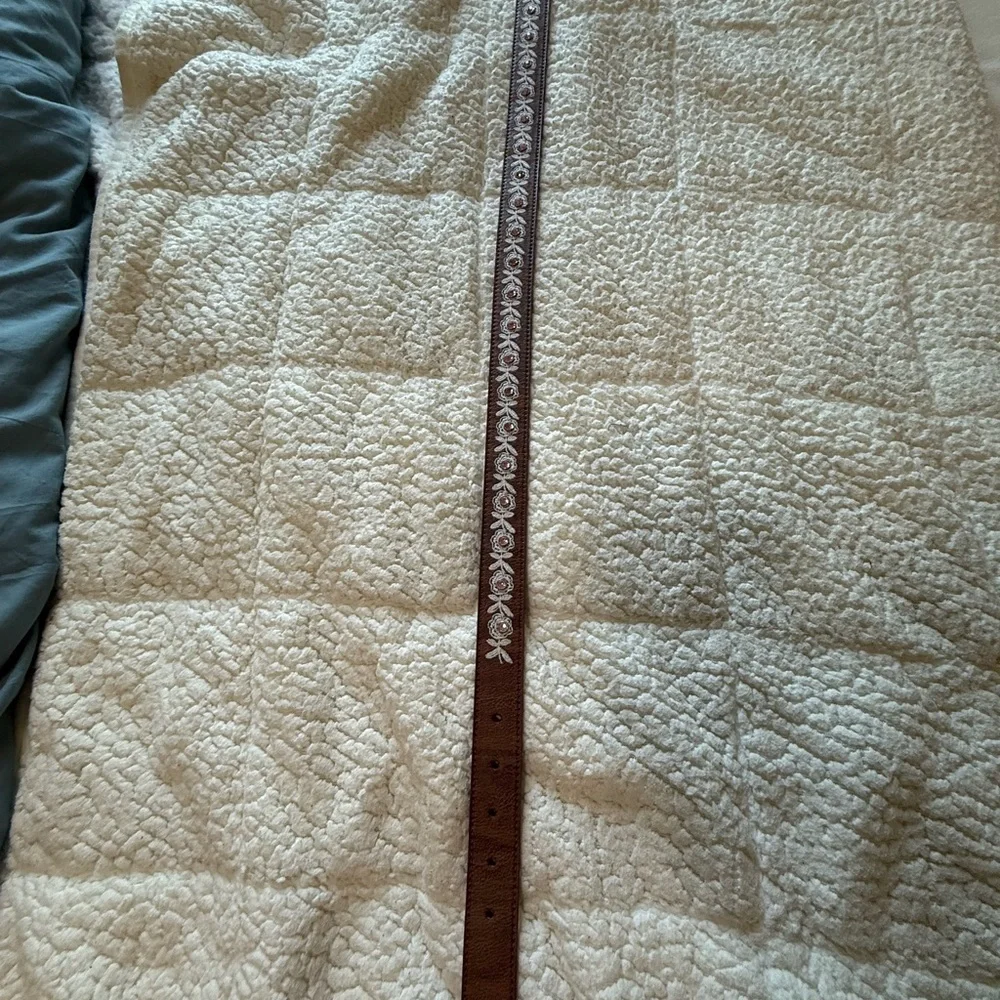 Brown Leather Belt with Floral Embroidery